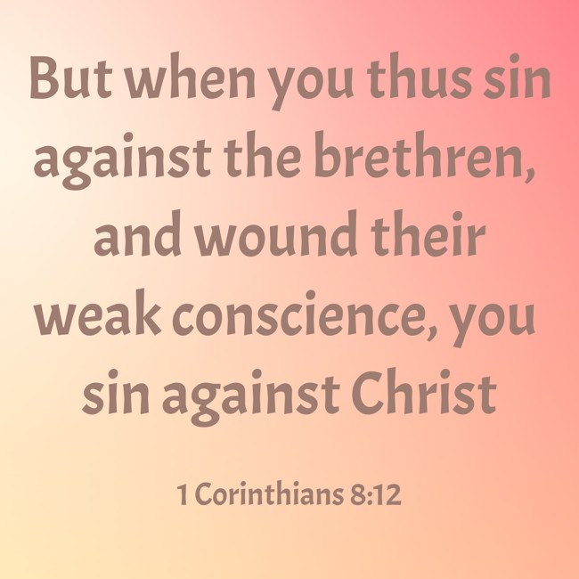But when you thus sin against the brethren, and wound their weak conscience, you sin against Christ - 1 Corinthians 8:12