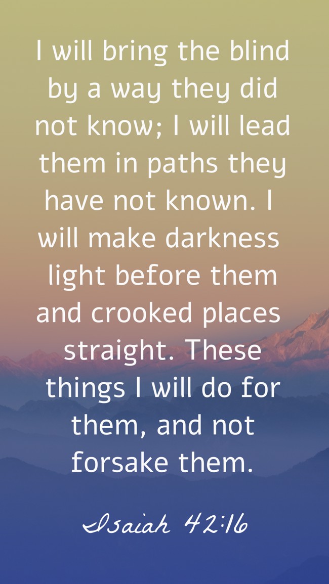 I will bring the blind by a way they did not know; I will lead them in paths they have not known. I will make darkness light before them and crooked places straight. These things I will do for them, and not forsake them. - Isaiah 42:16