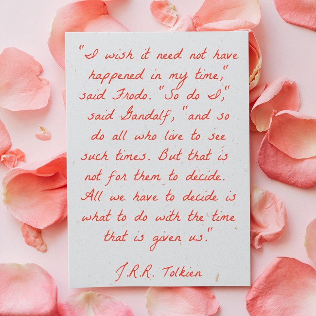 I wish it need not have happened in my time, said Frodo. So do I, said Gandalf, and so do all who live to see such times. But that is not for them to decide. All we have to decide is what to do with the time that is given us. - J.R.R. Tolkien