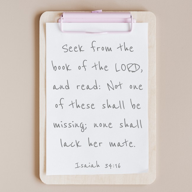 Seek from the book of the LORD, and read: Not one of these shall be missing; none shall lack her mate. - Isaiah 34:16