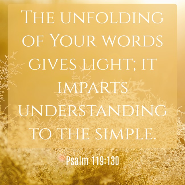 The unfolding of Your words gives light; it imparts understanding to the simple. - Psalm 119:130