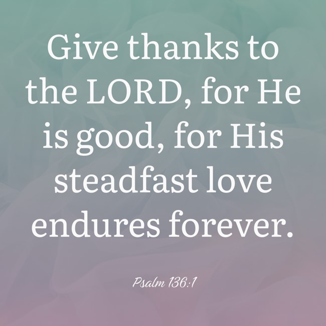 Give thanks to the LORD, for He is good, for His steadfast love endures forever. - Psalm 136:1