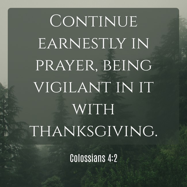 Continue earnestly in prayer, being vigilant in it with thanksgiving. - Colossians 4:2