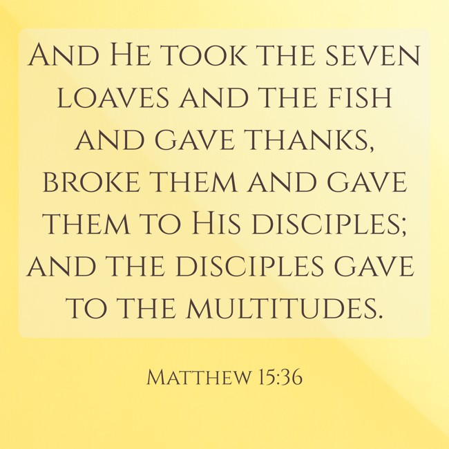 And He took the seven loaves and the fish and gave thanks, broke them and gave them to His disciples; and the disciples gave to the multitudes. - Matthew 15:36