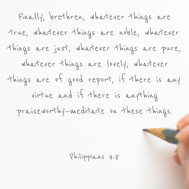 Finally, brethren, whatever things are true, whatever things are noble, whatever things are just, whatever things are pure, whatever things are lovely, whatever things are of good report, if there is any virtue and if there is anything praiseworthy—meditate on these things. - Philippians 4:8