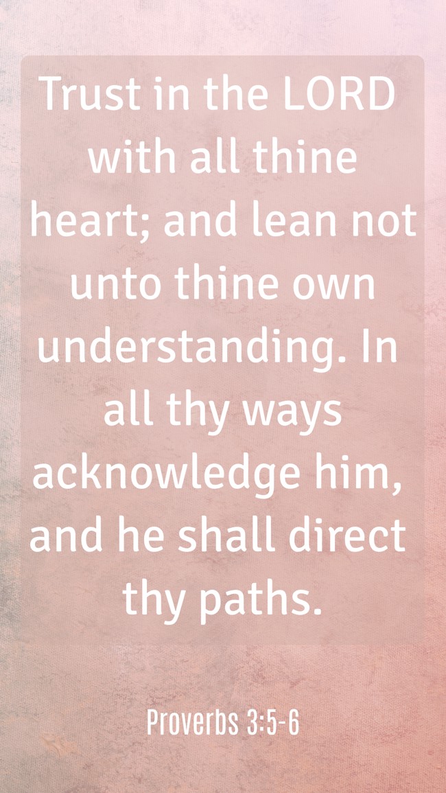 Trust in the LORD with all thine heart; and lean not unto thine own understanding. In all thy ways acknowledge him, and he shall direct thy paths. - Proverbs 3:5-6