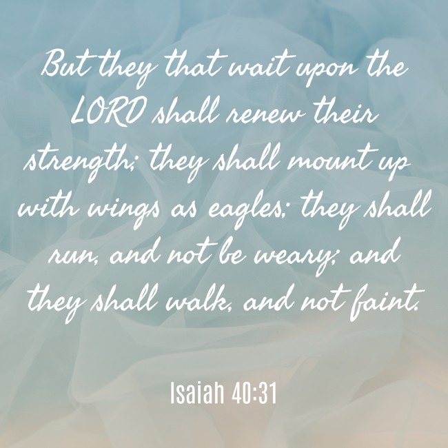 But they that wait upon the LORD shall renew their strength; they shall mount up with wings as eagles; they shall run, and not be weary; and they shall walk, and not faint. - Isaiah 40:31