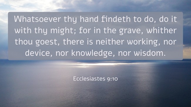 Whatsoever thy hand findeth to do, do it with thy might; for in the grave, whither thou goest, there is neither working, nor device, nor knowledge, nor wisdom. - Ecclesiastes 9:10
