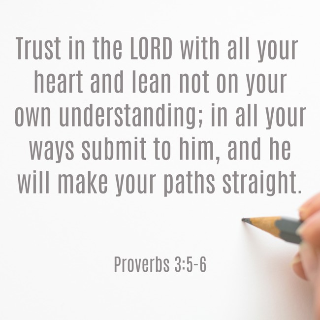 Trust in the LORD with all your heart and lean not on your own understanding; in all your ways submit to him, and he will make your paths straight. - Proverbs 3:5-6