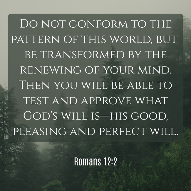 Do not conform to the pattern of this world, but be transformed by the renewing of your mind. Then you will be able to test and approve what God's will is—his good, pleasing and perfect will. - Romans 12:2