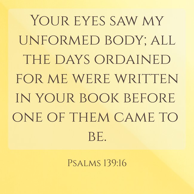 Your eyes saw my unformed body; all the days ordained for me were written in your book before one of them came to be. - Psalms 139:16