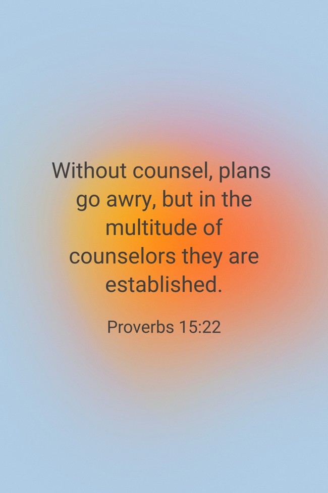 Without counsel, plans go awry, but in the multitude of counselors they are established. - Proverbs 15:22