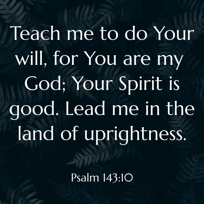Teach me to do Your will, for You are my God; Your Spirit is good. Lead me in the land of uprightness. - Psalm 143:10