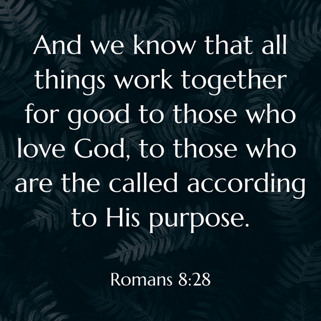 And we know that all things work together for good to those who love God, to those who are the called according to His purpose. - Romans 8:28