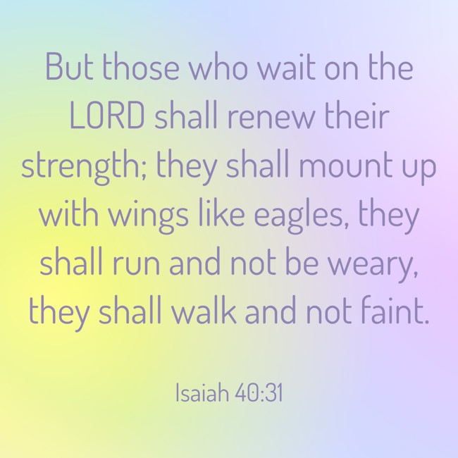 But those who wait on the LORD shall renew their strength; they shall mount up with wings like eagles, they shall run and not be weary, they shall walk and not faint. - Isaiah 40:31