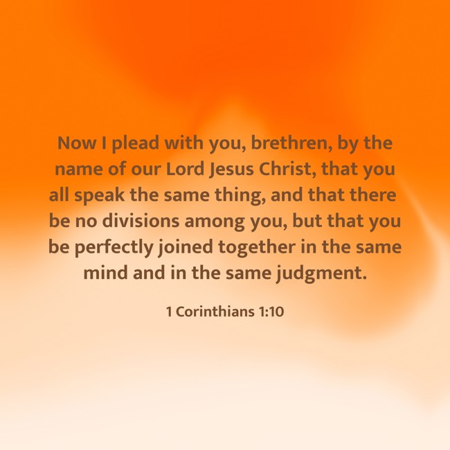 Now I plead with you, brethren, by the name of our Lord Jesus Christ, that you all speak the same thing, and that there be no divisions among you, but that you be perfectly joined together in the same mind and in the same judgment. - 1 Corinthians 1:10