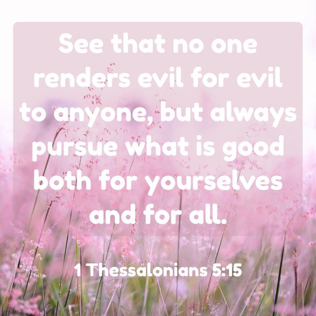 See that no one renders evil for evil to anyone, but always pursue what is good both for yourselves and for all. - 1 Thessalonians 5:15