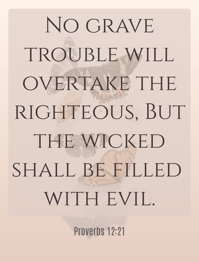 No grave trouble will overtake the righteous, But the wicked shall be filled with evil. - Proverbs 12:21