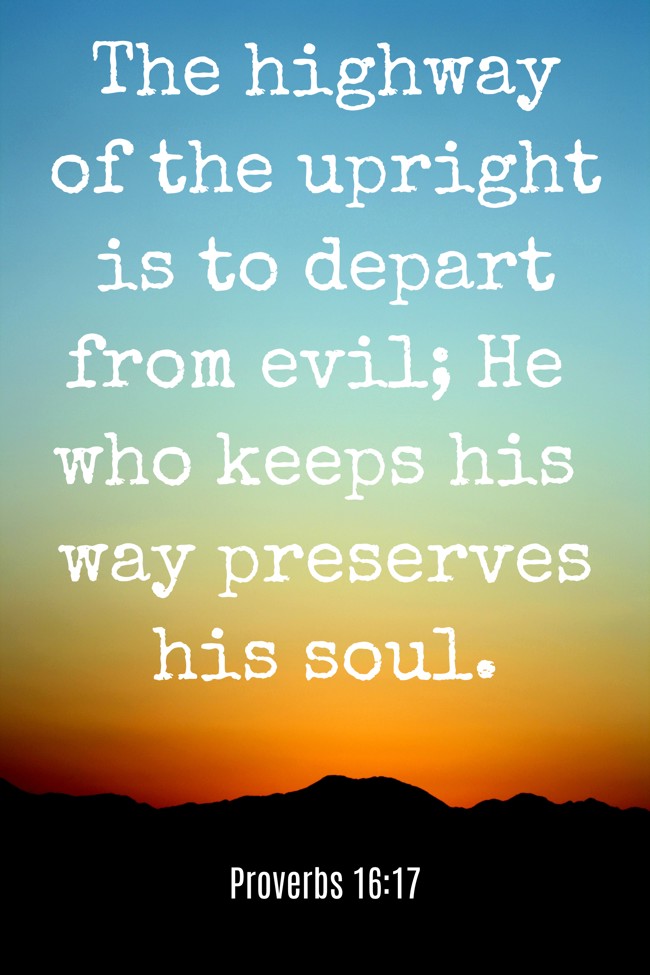 The highway of the upright is to depart from evil; He who keeps his way preserves his soul. - Proverbs 16:17