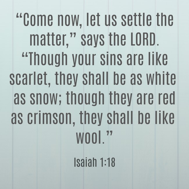 “Come now, let us settle the matter,” says the LORD. “Though your sins are like scarlet, they shall be as white as snow; though they are red as crimson, they shall be like wool.” - Isaiah 1:18