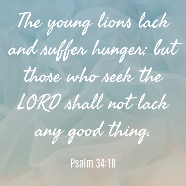 The young lions lack and suffer hunger; but those who seek the LORD shall not lack any good thing. - Psalm 34:10