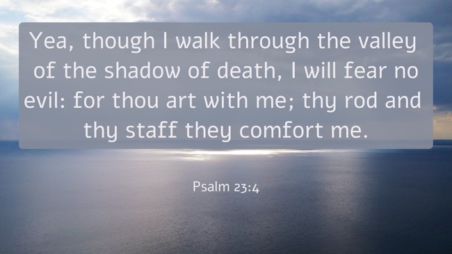 Yea, though I walk through the valley of the shadow of death, I will fear no evil: for thou art with me; thy rod and thy staff they comfort me. - Psalm 23:4