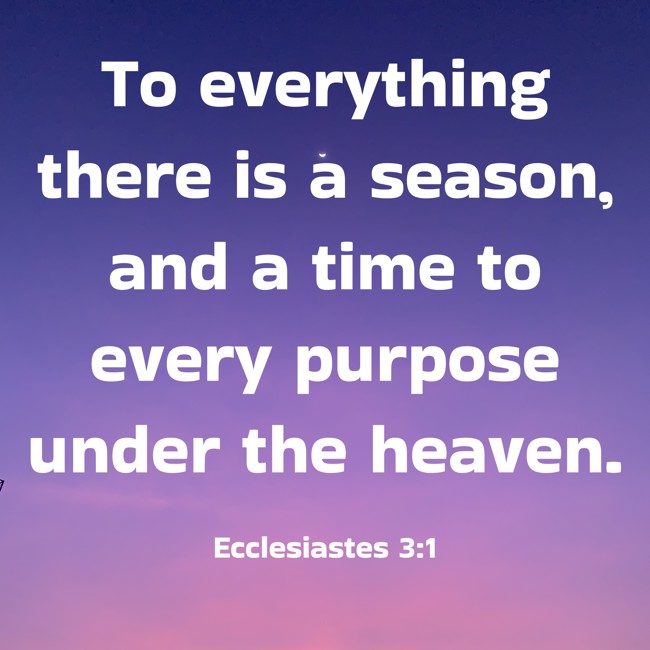 To everything there is a season, and a time to every purpose under the heaven. - Ecclesiastes 3:1