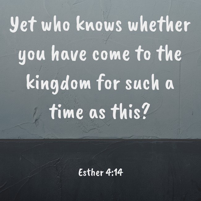 Yet who knows whether you have come to the kingdom for such a time as this? - Esther 4:14