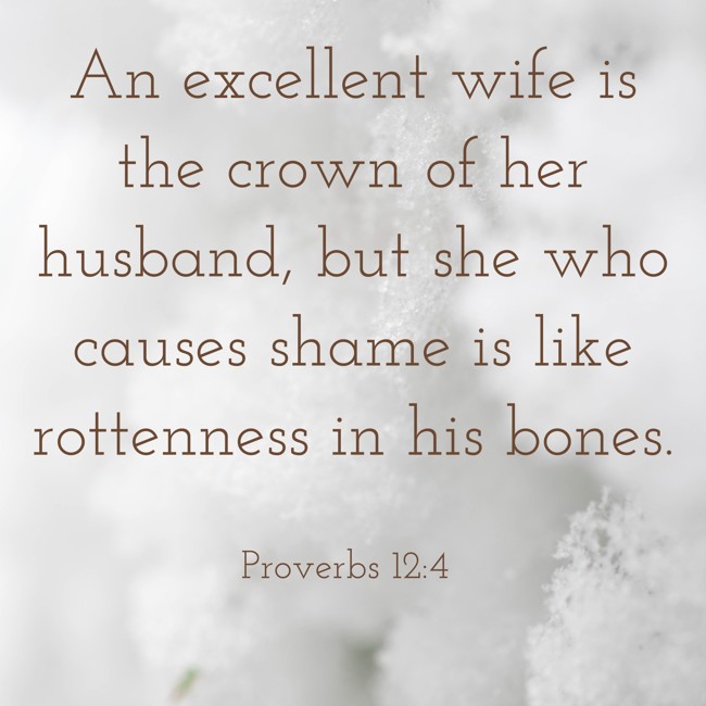 An excellent wife is the crown of her husband, but she who causes shame is like rottenness in his bones. - Proverbs 12:4