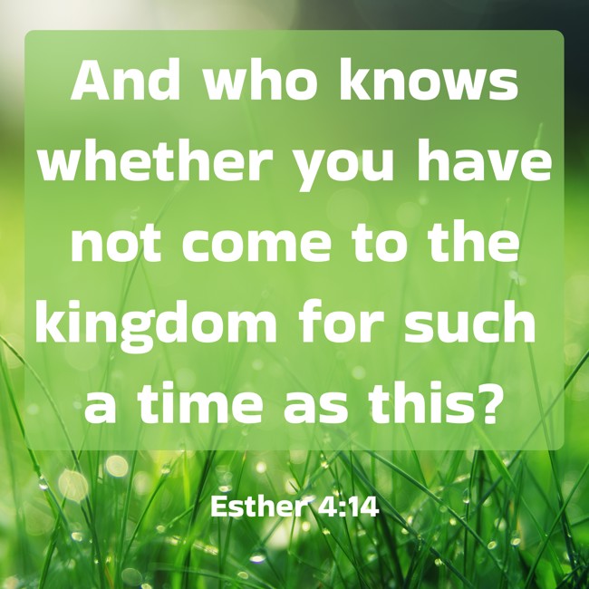 And who knows whether you have not come to the kingdom for such a time as this? - Esther 4:14