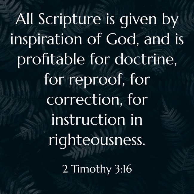 All Scripture is given by inspiration of God, and is profitable for doctrine, for reproof, for correction, for instruction in righteousness. - 2 Timothy 3:16