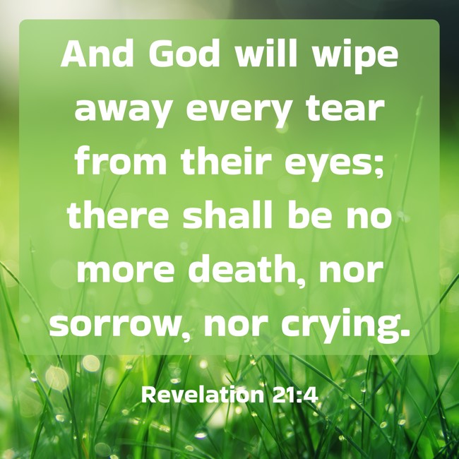 And God will wipe away every tear from their eyes; there shall be no more death, nor sorrow, nor crying. - Revelation 21:4