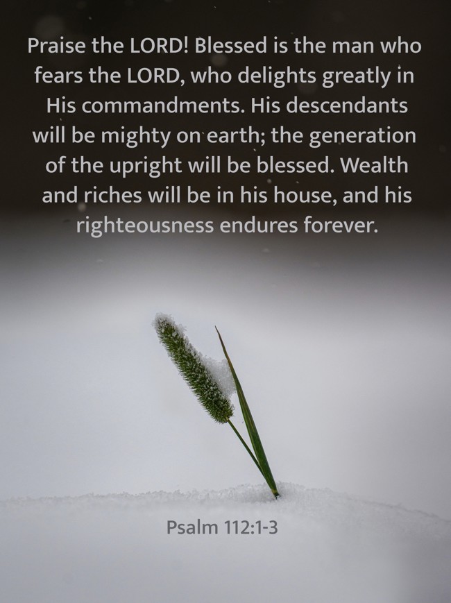 Praise the LORD! Blessed is the man who fears the LORD, who delights greatly in His commandments. His descendants will be mighty on earth; the generation of the upright will be blessed. Wealth and riches will be in his house, and his righteousness endures forever. - Psalm 112:1-3