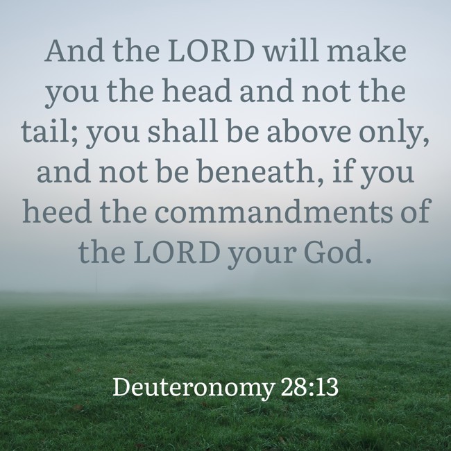 And the LORD will make you the head and not the tail; you shall be above only, and not be beneath, if you heed the commandments of the LORD your God. - Deuteronomy 28:13