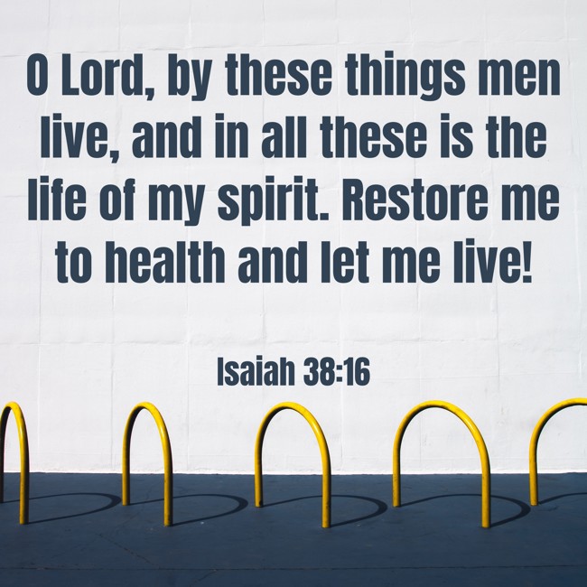 O Lord, by these things men live, and in all these is the life of my spirit. Restore me to health and let me live! - Isaiah 38:16