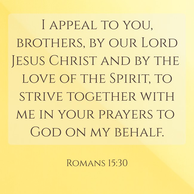 I appeal to you, brothers, by our Lord Jesus Christ and by the love of the Spirit, to strive together with me in your prayers to God on my behalf. - Romans 15:30