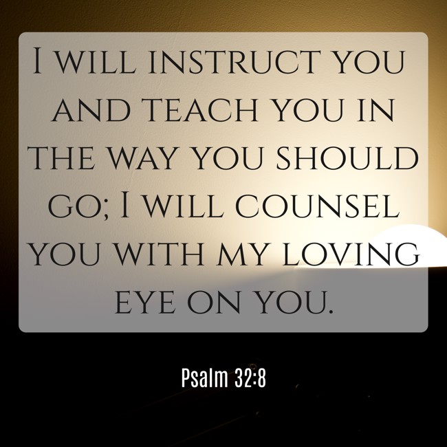 I will instruct you and teach you in the way you should go; I will counsel you with my loving eye on you. - Psalm 32:8