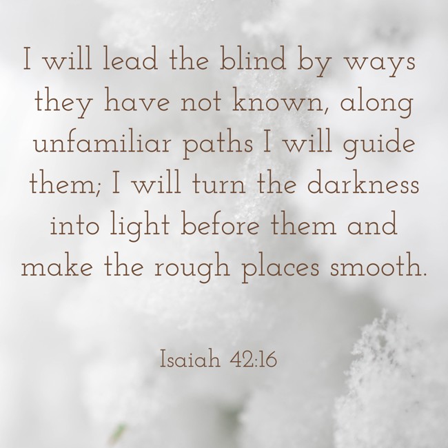 I will lead the blind by ways they have not known, along unfamiliar paths I will guide them; I will turn the darkness into light before them and make the rough places smooth. - Isaiah 42:16