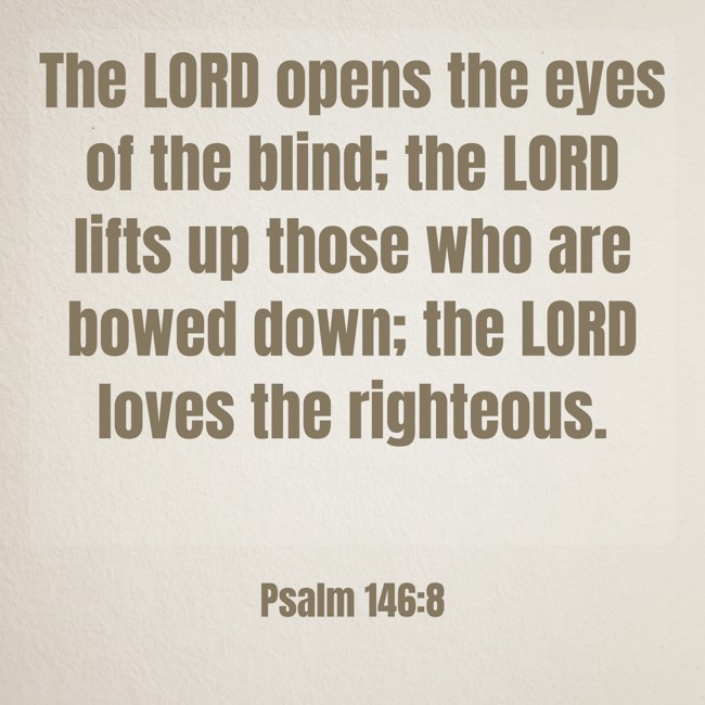 The LORD opens the eyes of the blind; the LORD lifts up those who are bowed down; the LORD loves the righteous. - Psalm 146:8