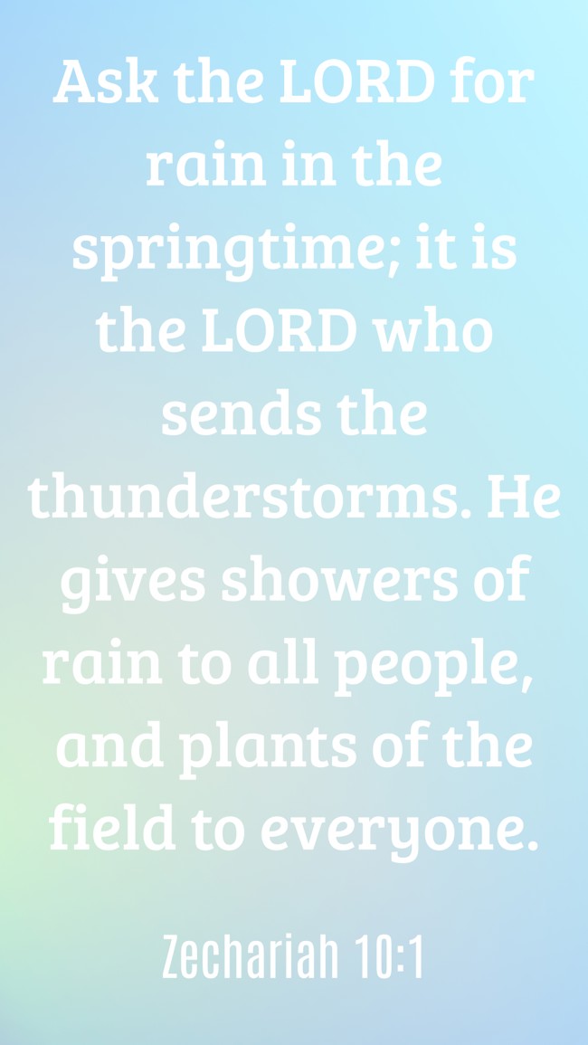 Ask the LORD for rain in the springtime; it is the LORD who sends the thunderstorms. He gives showers of rain to all people, and plants of the field to everyone. - Zechariah 10:1