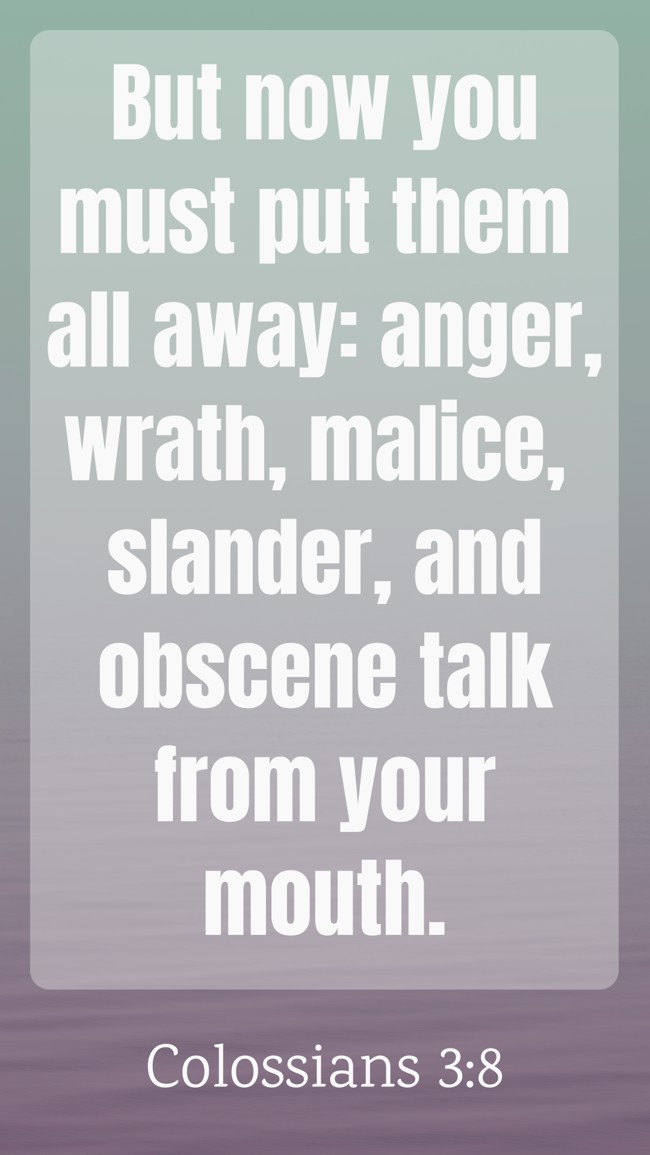 But now you must put them all away: anger, wrath, malice, slander, and obscene talk from your mouth. - Colossians 3:8