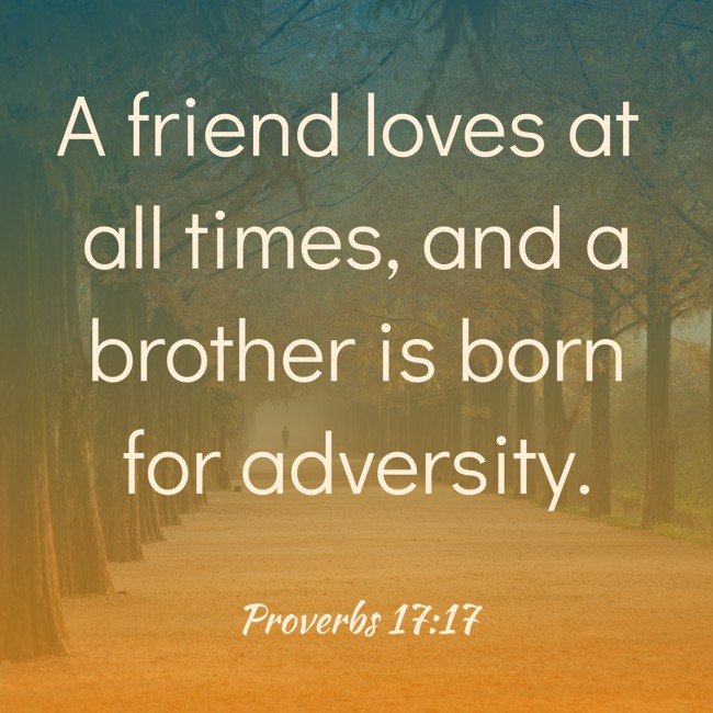 A friend loves at all times, and a brother is born for adversity. - Proverbs 17:17