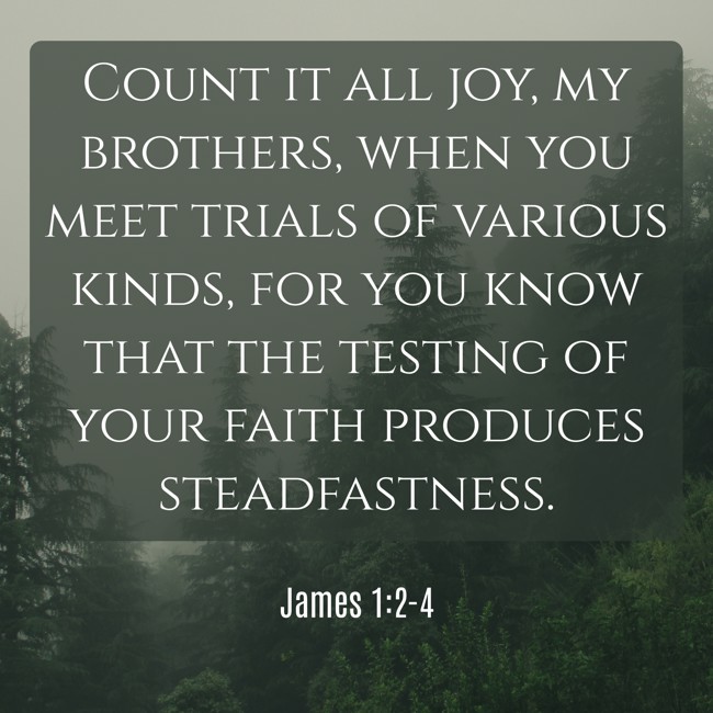 Count it all joy, my brothers, when you meet trials of various kinds, for you know that the testing of your faith produces steadfastness. - James 1:2-4