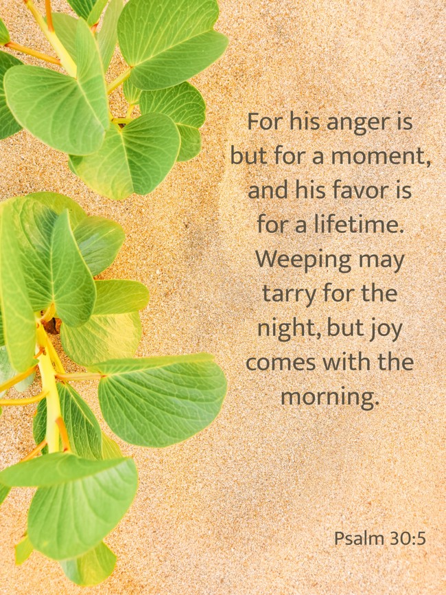 For his anger is but for a moment, and his favor is for a lifetime. Weeping may tarry for the night, but joy comes with the morning. - Psalm 30:5