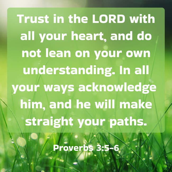 Trust in the LORD with all your heart, and do not lean on your own understanding. In all your ways acknowledge him, and he will make straight your paths. - Proverbs 3:5-6