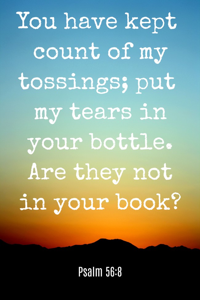 You have kept count of my tossings; put my tears in your bottle. Are they not in your book? - Psalm 56:8