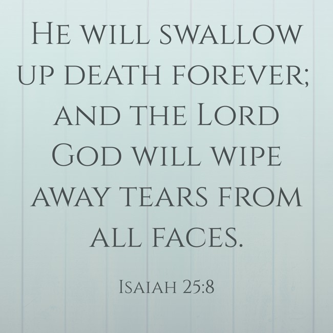 He will swallow up death forever; and the Lord God will wipe away tears from all faces. - Isaiah 25:8