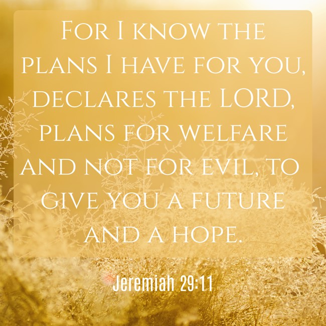 For I know the plans I have for you, declares the LORD, plans for welfare and not for evil, to give you a future and a hope. - Jeremiah 29:11