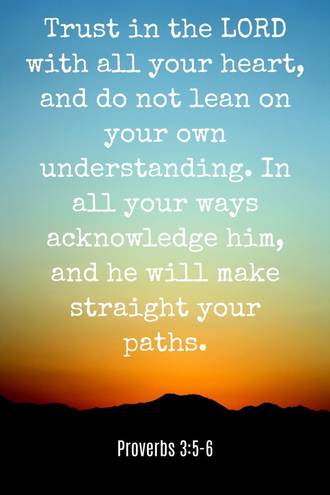 Trust in the LORD with all your heart, and do not lean on your own understanding. In all your ways acknowledge him, and he will make straight your paths. - Proverbs 3:5-6
