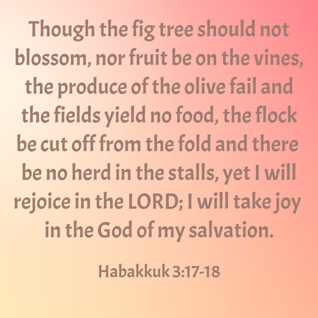Though the fig tree should not blossom, nor fruit be on the vines, the produce of the olive fail and the fields yield no food, the flock be cut off from the fold and there be no herd in the stalls, yet I will rejoice in the LORD; I will take joy in the God of my salvation. - Habakkuk 3:17-18